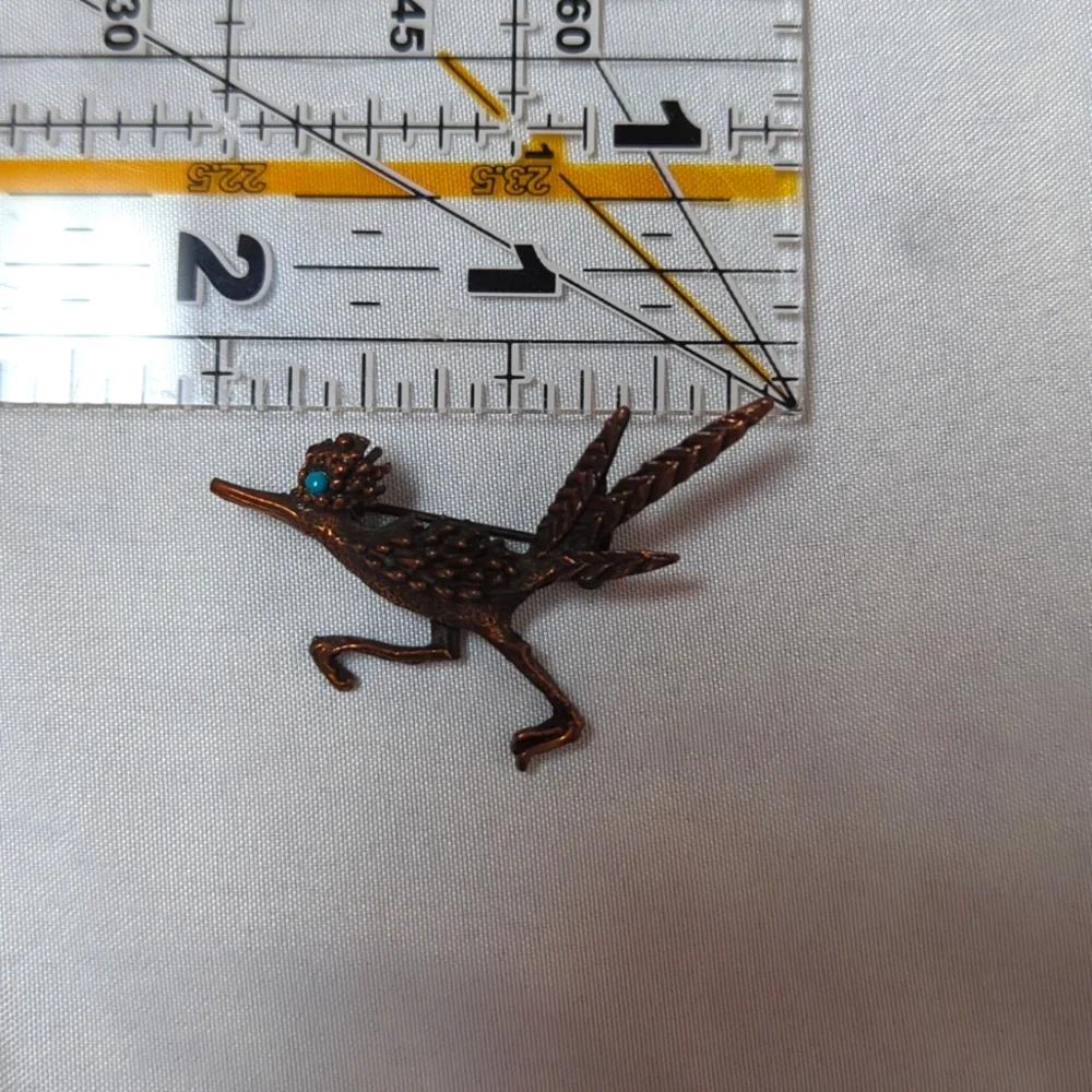 Vintage Tortolani Copper Tone Roadrunner Bird Pin Brooch with Faux Turquoise Eye